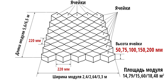 Георешетка пластиковая с размером ячейки 220х220